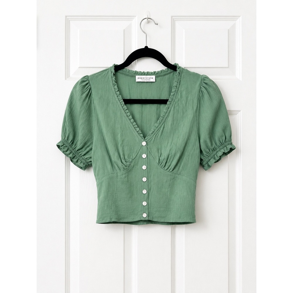 Paper Crane Sage Green Smocked Crop Top Puff Sleeve Button Front Blouse XS